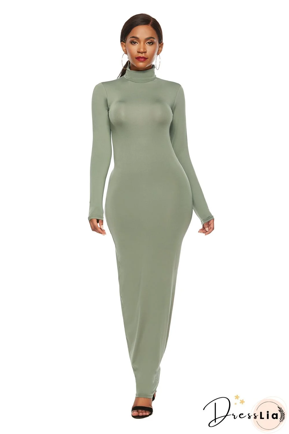 Fashion Solid Color Dress Women Long Sleeve Stretch Slim High Neck Dress Vestido Feminino