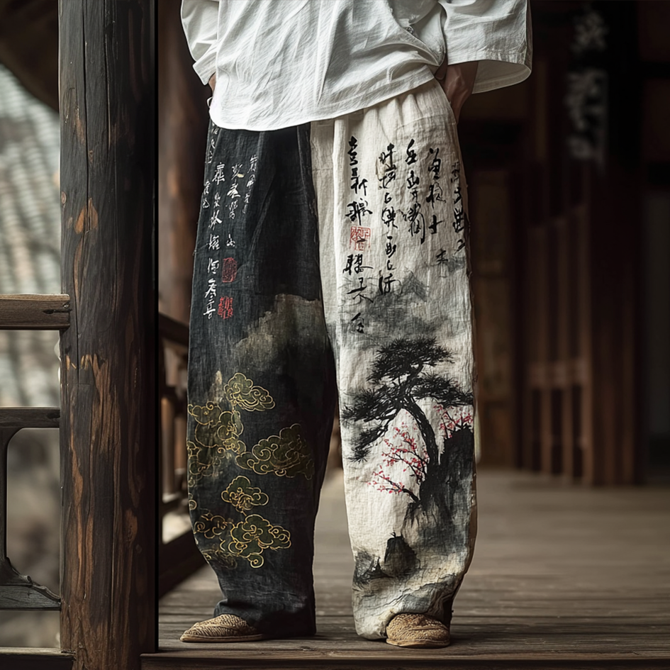 Japanese Art Retro Ink Painting Pattern Design Men's Casual Linen Long Pants elevenforest