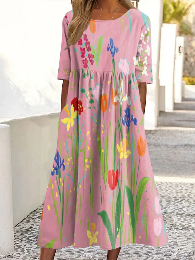 Vintage Floral Print Round Neck Pocket Midi Dress