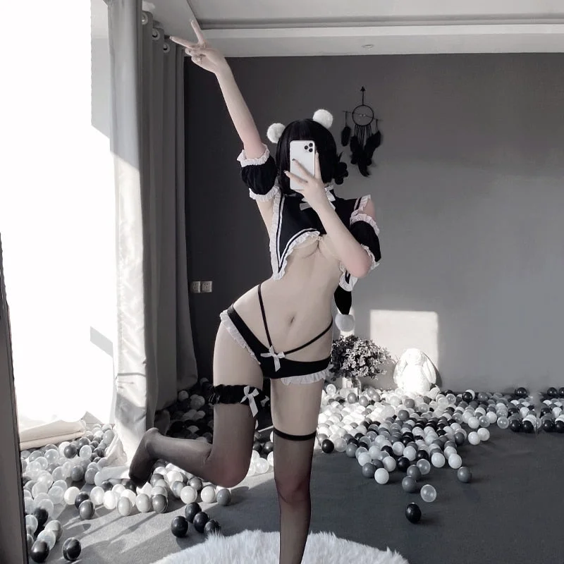 OJBK 5PCS Women Sexy Bunny Girl Cosplay Uniform Temptation Lingerie Bow Lace Short Top Nightwear Feamle Role-Playing Outfits NEW