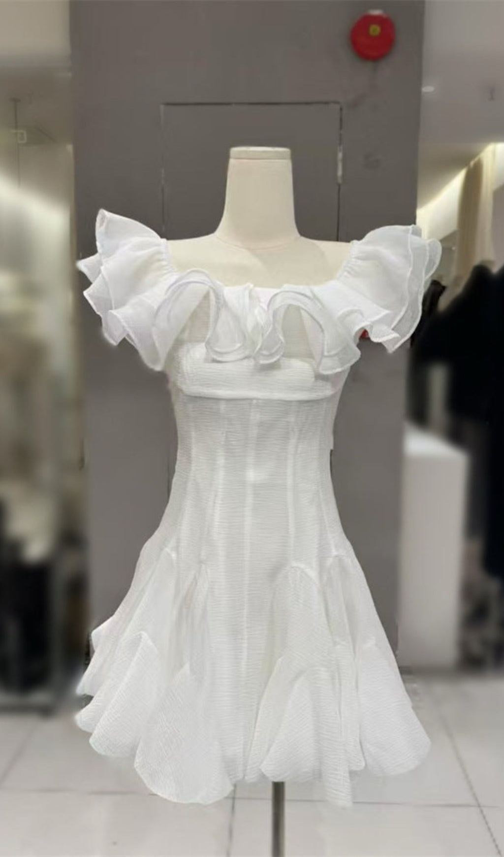 stephanie off-shoulder ruffle trim mini dress in white