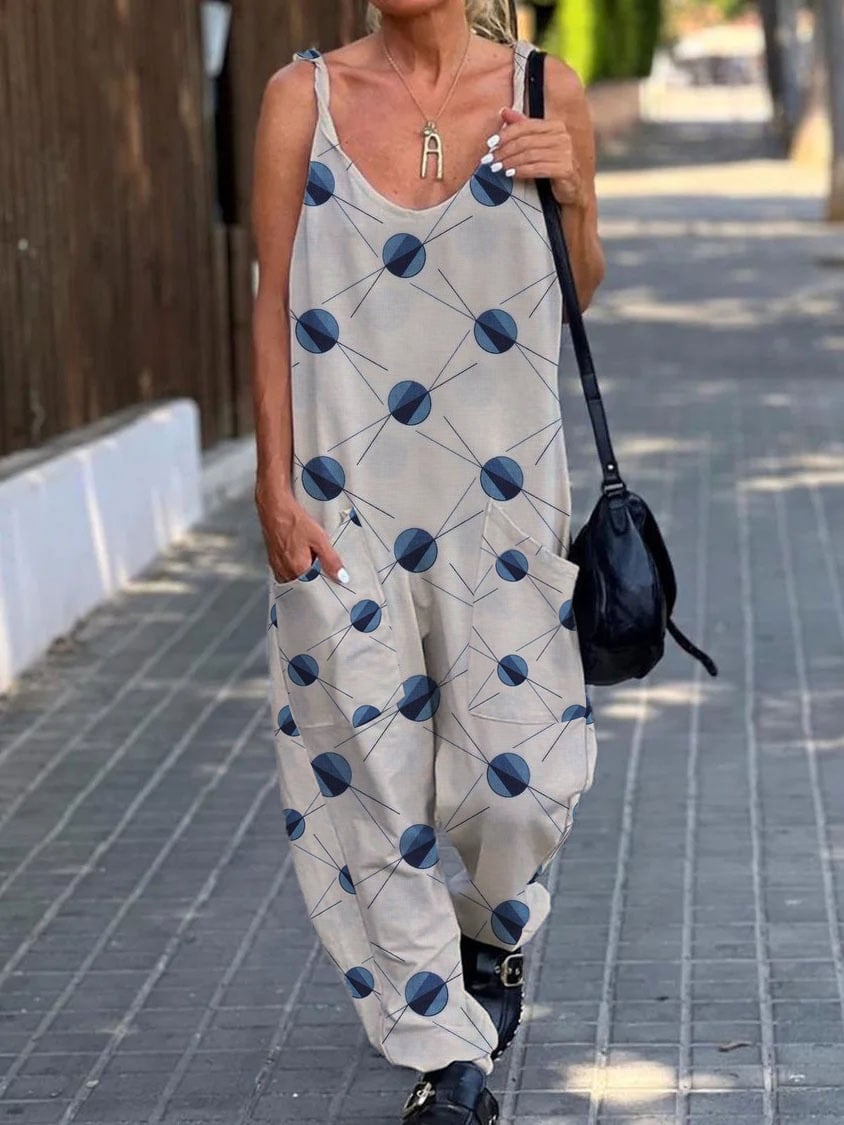 Women's Retro Polka Dot Stripe Design Casual Pocket Jumpsuit