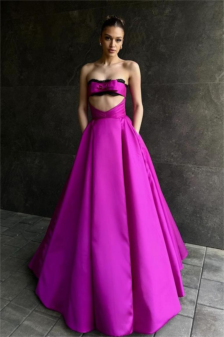Lvs&Broner Charming Fuchsia Strapless Lace Sleeveless A Line Long Prom Dress With Bowknot
