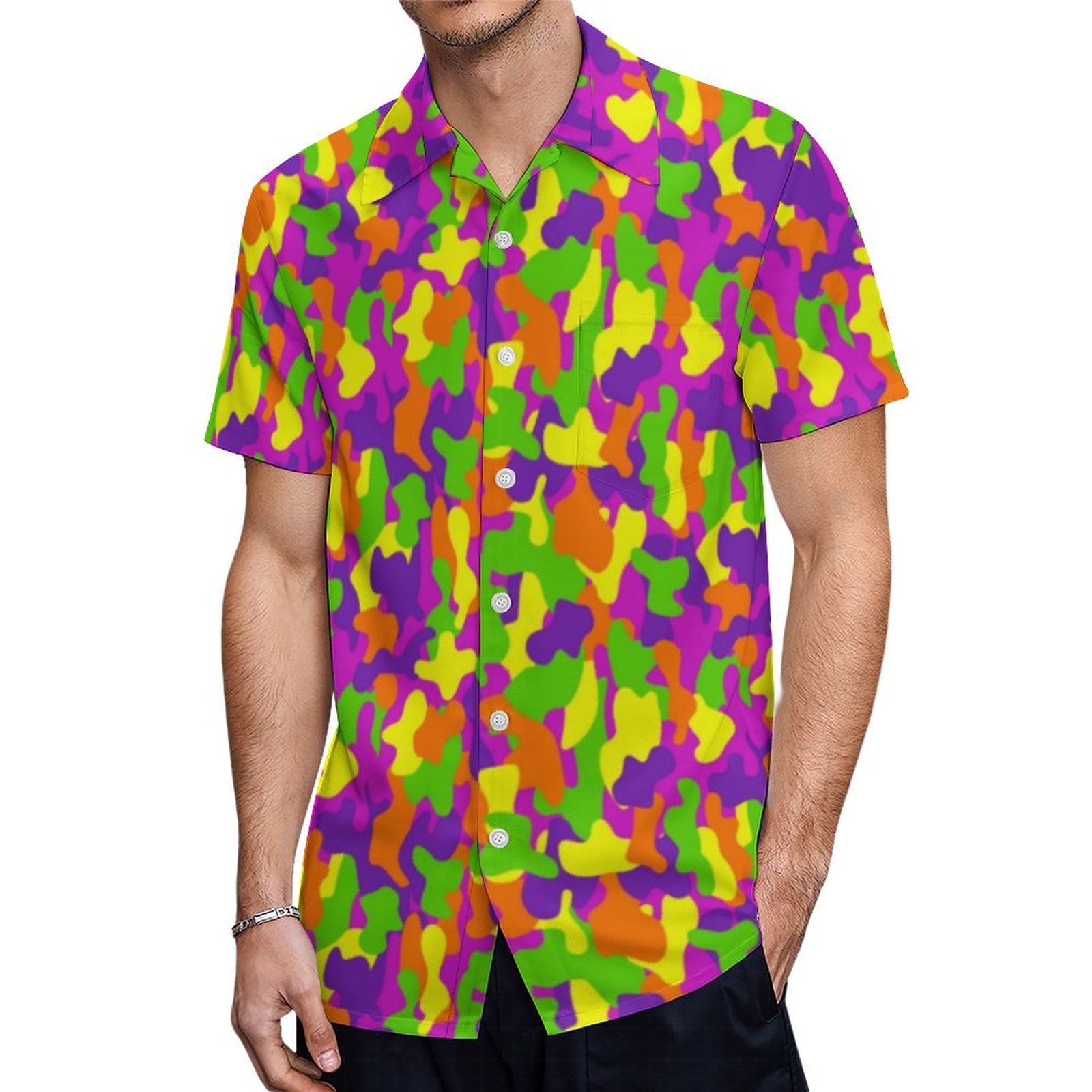 Neon Colors Camouflage Hawaiian Shirt Mens Button Down Plus Size Tropical Hawaii Beach Shirts