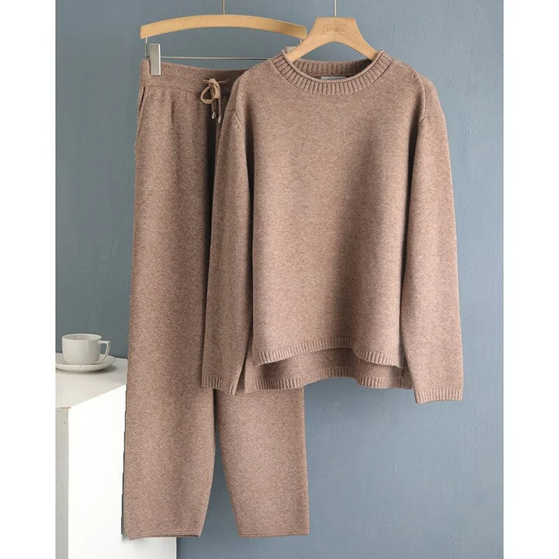 2021 2 Pieces Set Women Knitted Tracksuit O-neck Sweater + Granny pants Sweater Set female Knitted sweater suit Homewear sweater