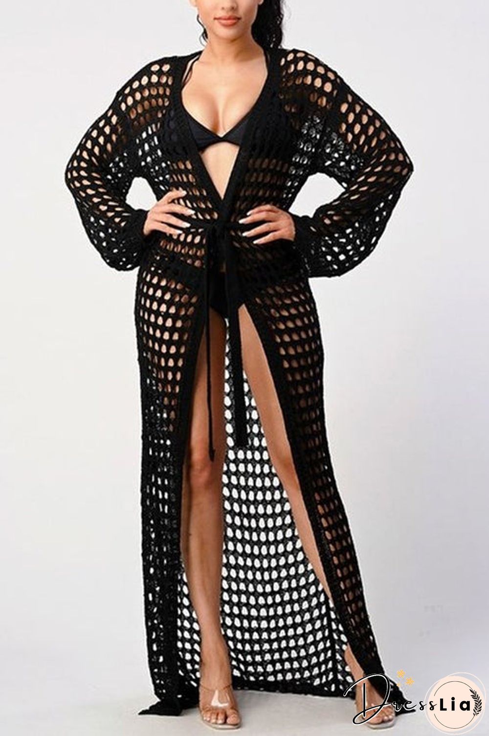Knitted Pierced Solid Color Beach Coat
