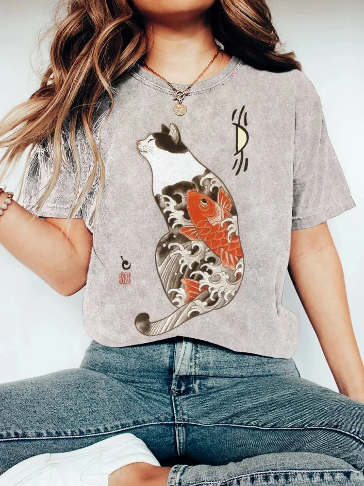 Women's Ink Cat Art Printed T-Shirt
