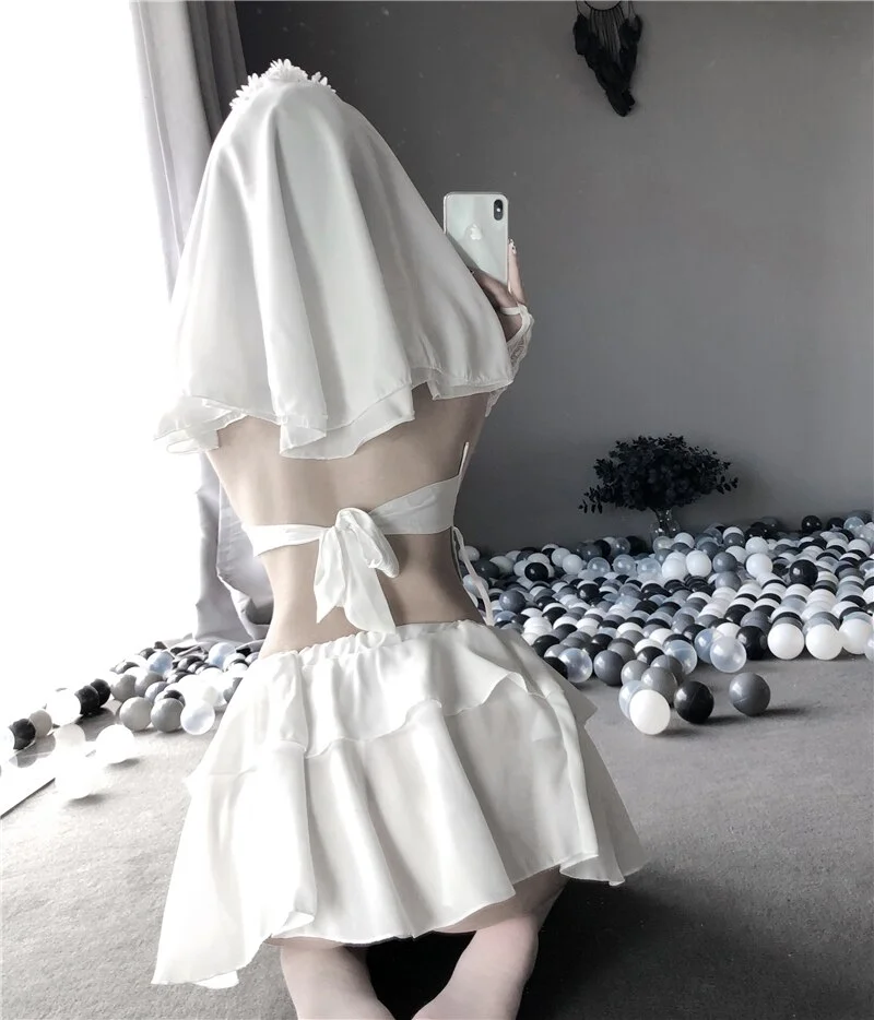 Billionm OJBK Women Wedding Dress Sexy Bride Cosplay Outfit Solid Color Black White With Elegant Veil Mini Skirt Halter Bow-Knot Bra New