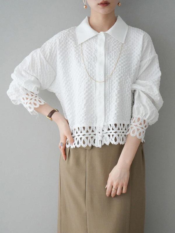 Textured Puff Sleeve Button Front Crochet Trimmed Hem Shirt