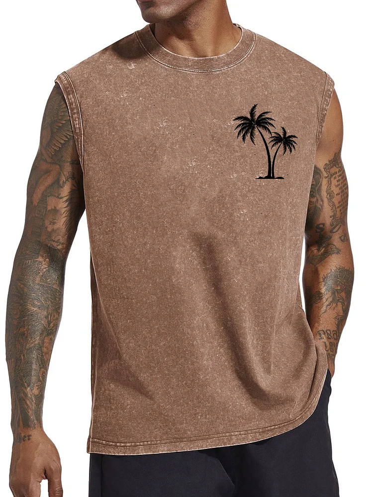 Men's Hawaiian Beach Coconut Print Washed Tank Top
