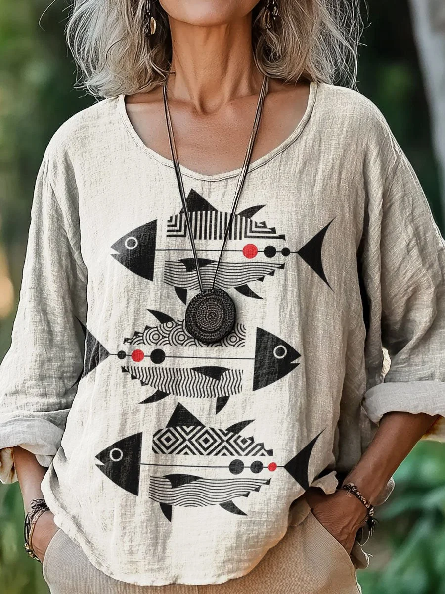 Women's Vintage Fish Art Print Casual Cotton And Linen Shirt