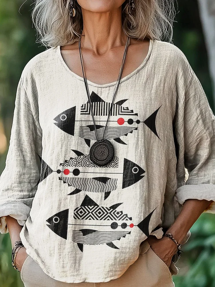 Women's Vintage Fish Art Print Casual Cotton And Linen Shirt