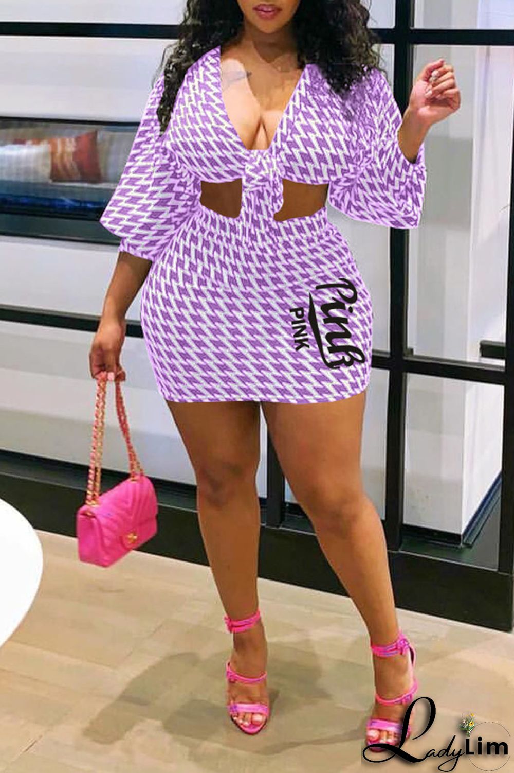 Black Sexy Print Patchwork V Neck Plus Size Two Pieces