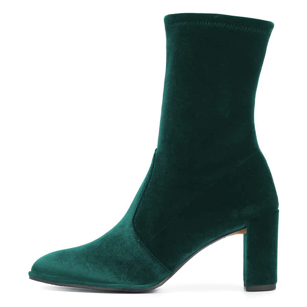Pointed Toe Pull-On Dark Green Ankle Boots for Elegant Ladies