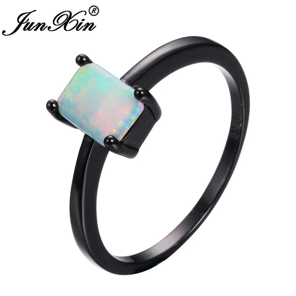 JUNXIN Female Male Rainbow Fire Opal Ring Black Gold Filled Wedding Party Engagement Promise Ring Anillos Best Friend Gift