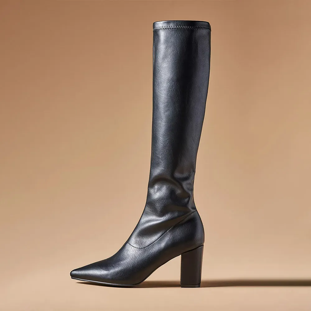 Classic Black Pointed Toe Chunky Heel Side Zipper Knee High Boots