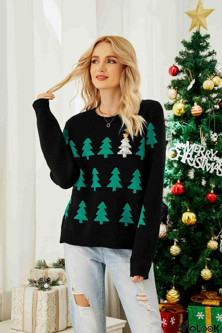 Christmas Tree Round Neck Ribbed Trim Sweater