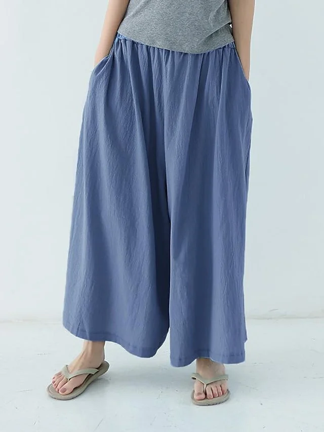 Women's Wide Leg Pants Trousers Linen / Cotton Blend Denim Blue caramel Black Casual Casual Daily Baggy Full Length Outdoor Solid Colored One-Size Plus Size | IFYHOME