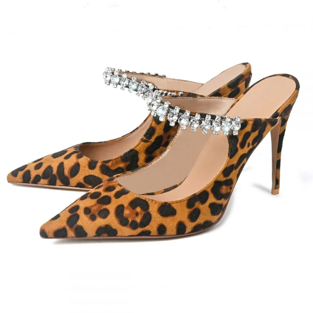 Brown Leopard Print Heels Stiletto Heel Mules Rhinestone Slides Nicepairs