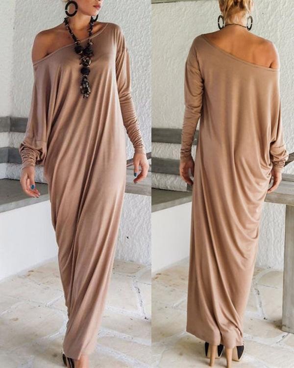 Women Casual Solid Batwing One Shoulder Long Sleeve Maxi Dress