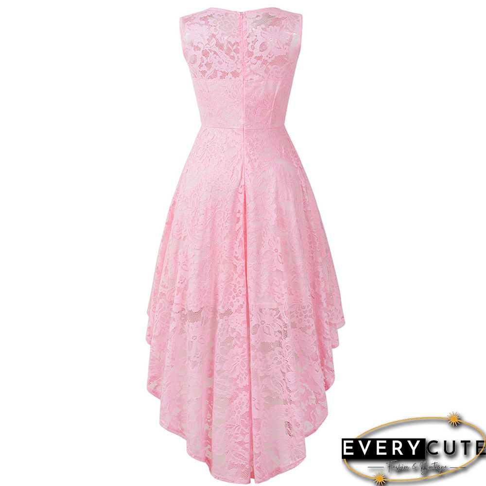 Pink Sleeveless High Low Lace Evening Dress