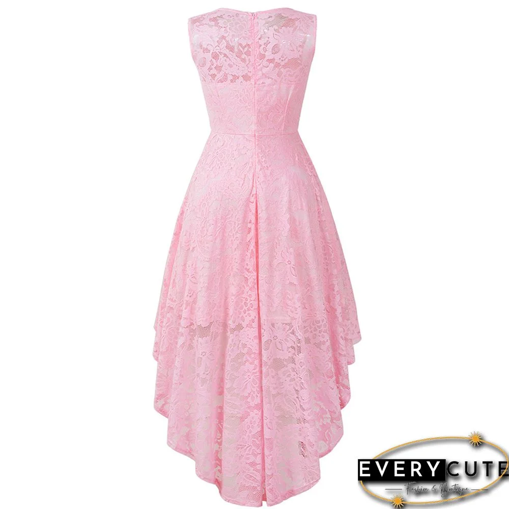 Pink Sleeveless High Low Lace Evening Dress