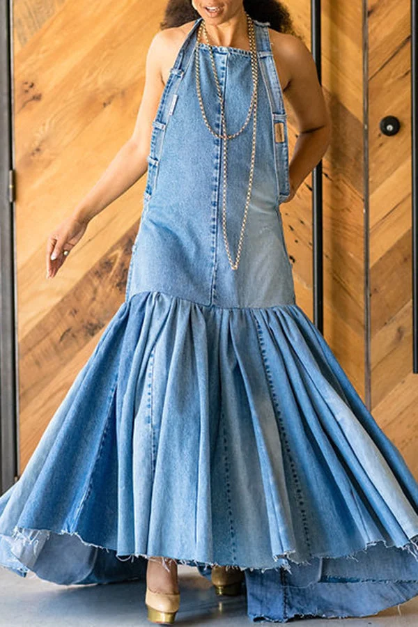 Personality Sleeveless Denim Pleated Asymmetric Slip Maxi Dress