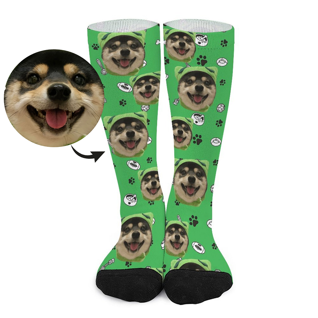 Custom Face Socks Dog Avatar Wearing Green Headgear