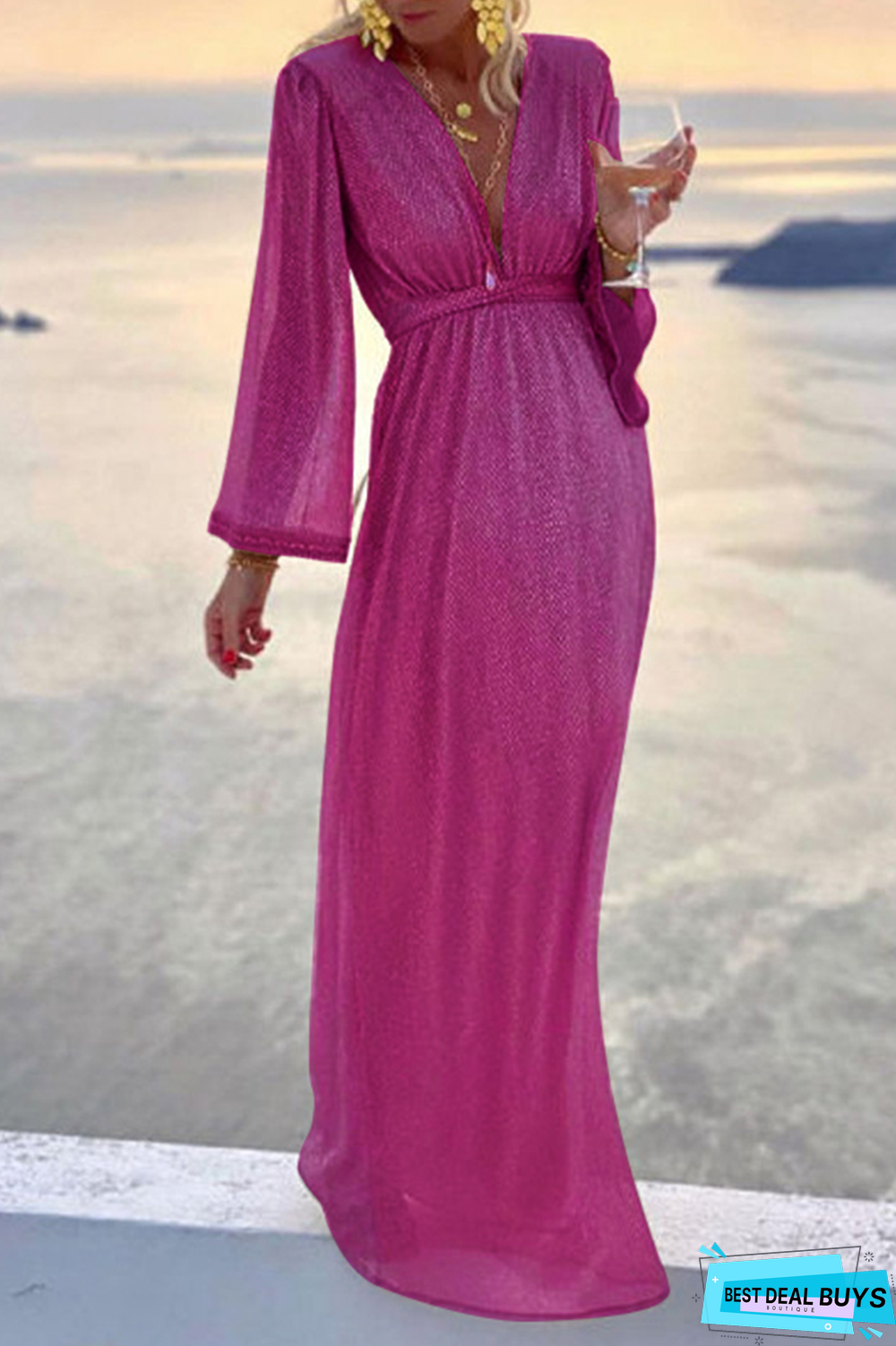 Fashion Elegant Solid Patchwork Fold V Neck Evening Dress Dresses(4 Colors)