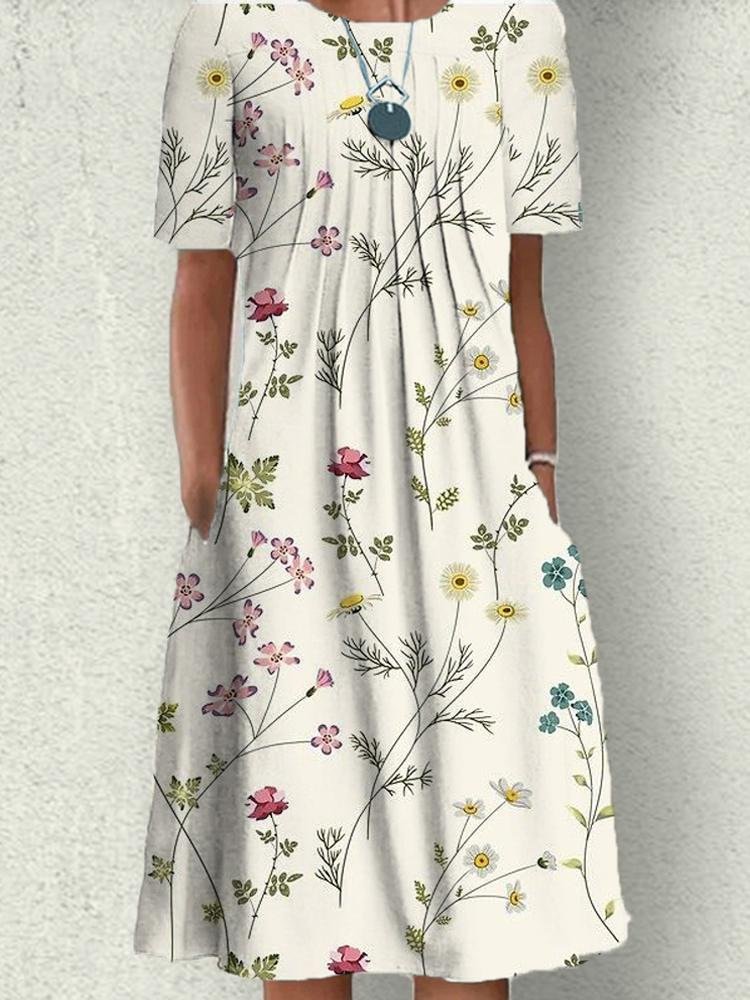 Beige Flower Print Midi Dress