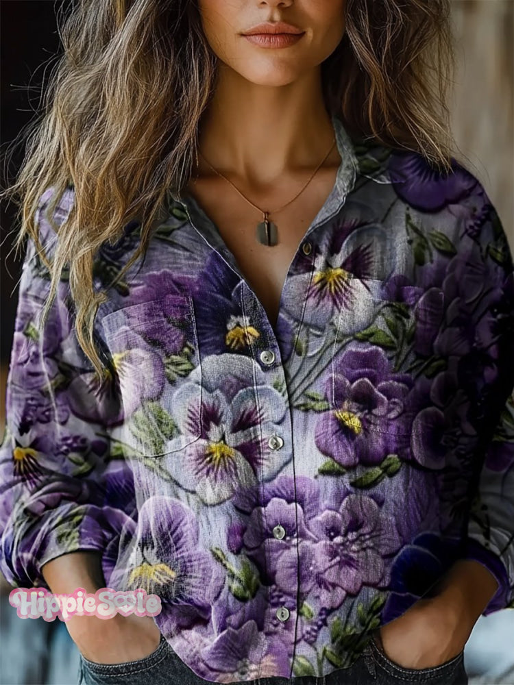 Purple Flowers Print Casual Long Sleeve Comfortable Cotton Shirt Multicolor / S