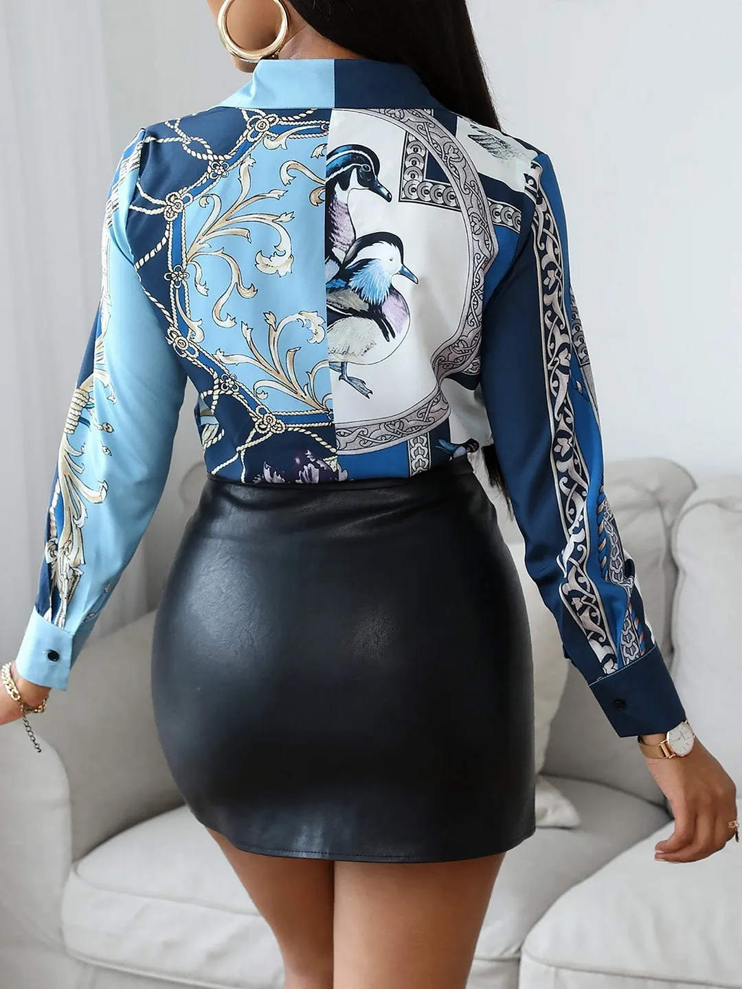 Bird Scarf Print Long Sleeve Shirt for Women