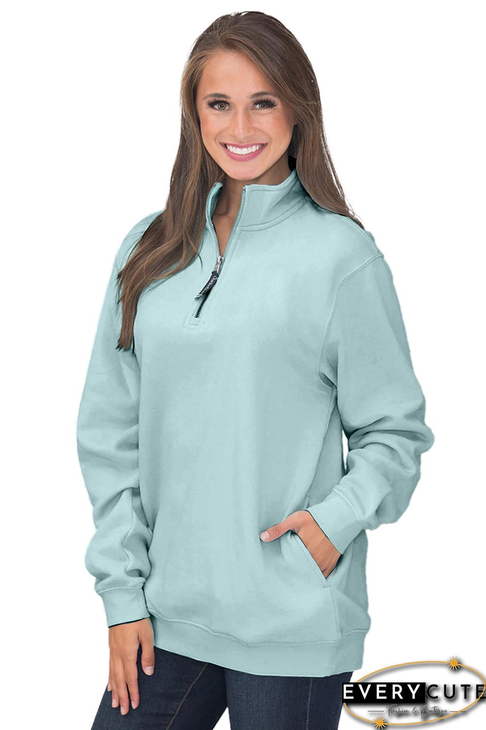 Light Blue Pocket Style Quarter Zip Sweatshirt