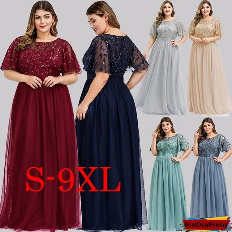 Ever-Pretty New Plus Size Fashion Women Vestidos De Fiesta O Neck Short Sleeve Sequins and Embroidery Evening Party Prom Maxi Dress Robe De Soiree EP00904