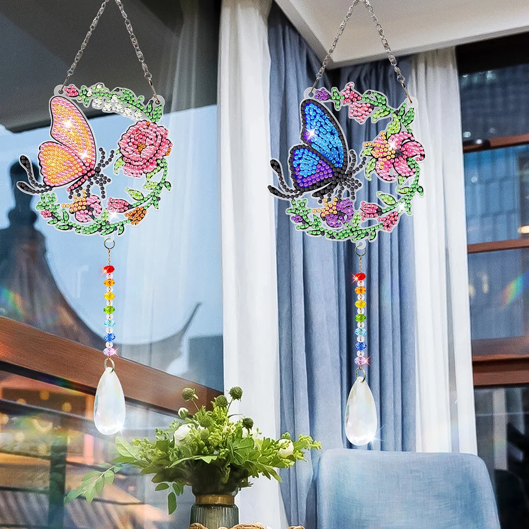 2Pcs Blue and Yellow Butterfly DIY Double-Sided Diamond Painting Hanging Kits Diamond Painting Suncatcher Craft Kit for Home Garden Wall Decor Gift
