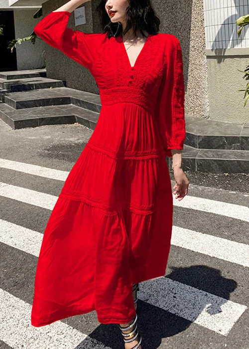 Women Red V Neck Wrinkled Solid Cotton Long Dress Spring