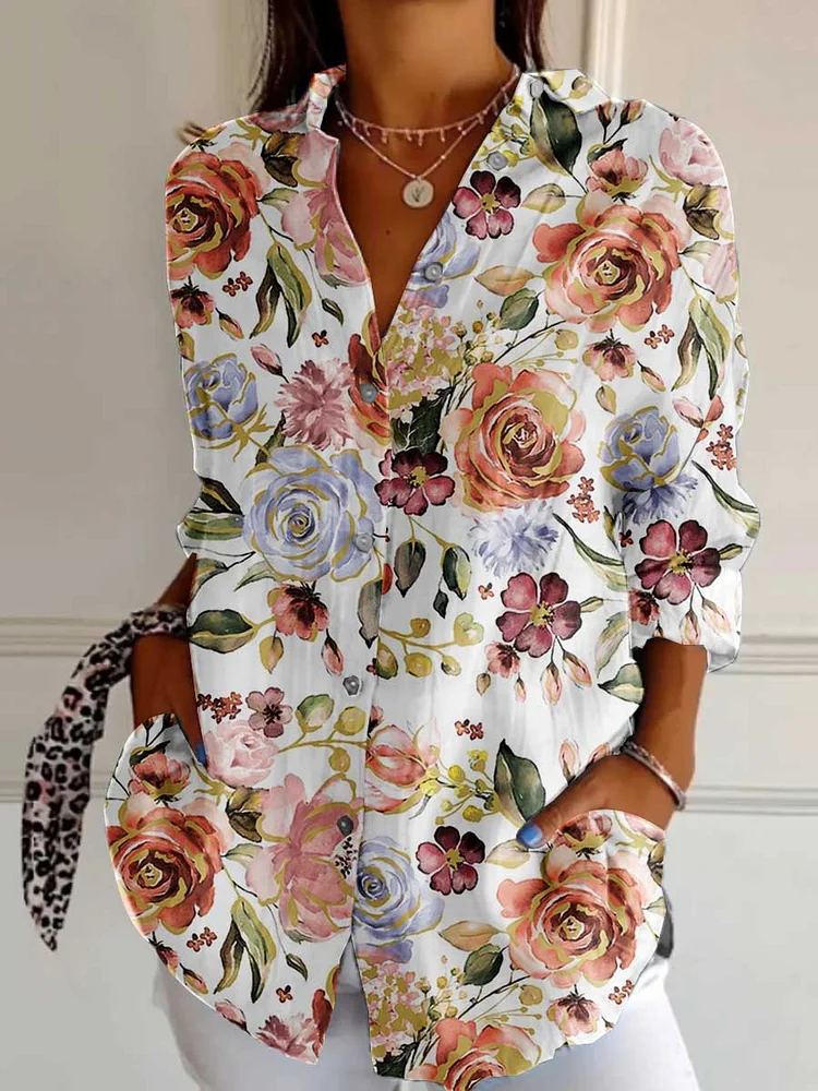 WomenArt Rose Pattern Cotton And Linen Shirt