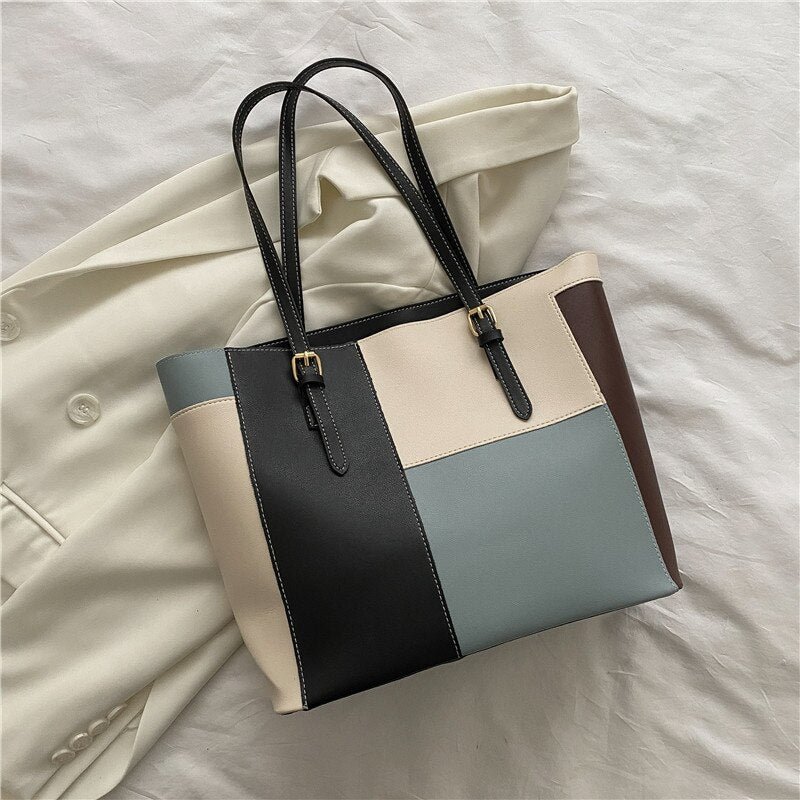 Fashion Ladies Stitching Contrast Color Comfortable Strap Shoulder Handbag Tote Bag Dating Party Cosmetics Phone Coin Purse