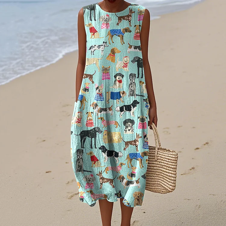 Women's Retro Cute Dogs Art Print Tank Dress