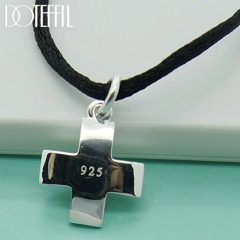 DOTEFFIL 925 Sterling Silver Cross Pendant Necklace Black Rope Chain For Women Jewelry