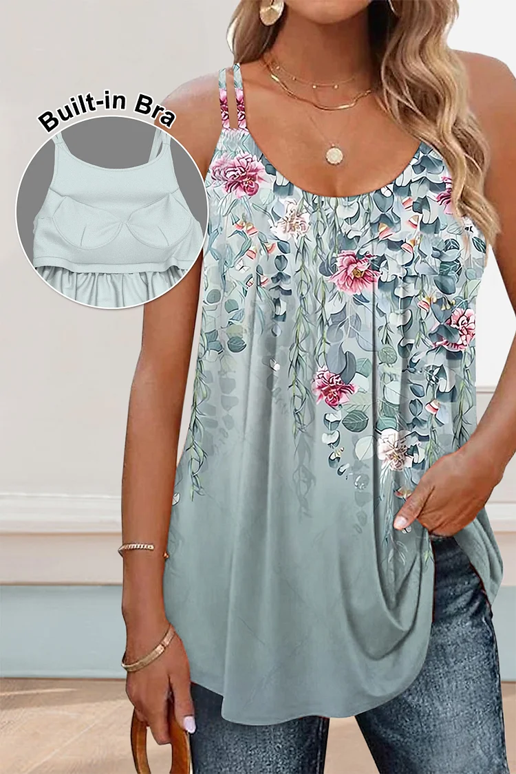 Flycurvy Plus Size Casual Dusty Blue Floral Print Fold Cami With Built In Bra  Flycurvy [product_label]