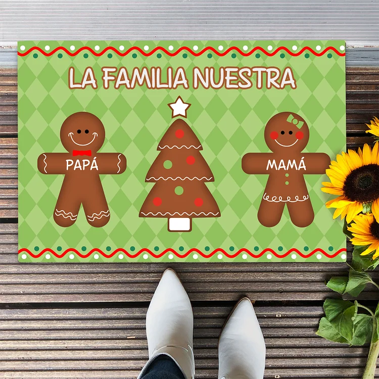 Navidad-felpudo/alfombra de entrada familia de hombres de jengibre personalizado con 2 nombres