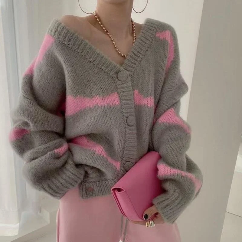 Jangj for Women Stripe Patchwork V-Neck Oversized Cardigan Loose Lazy Coats Woman Winter 2021 Korean Fashion Cardigan Woman