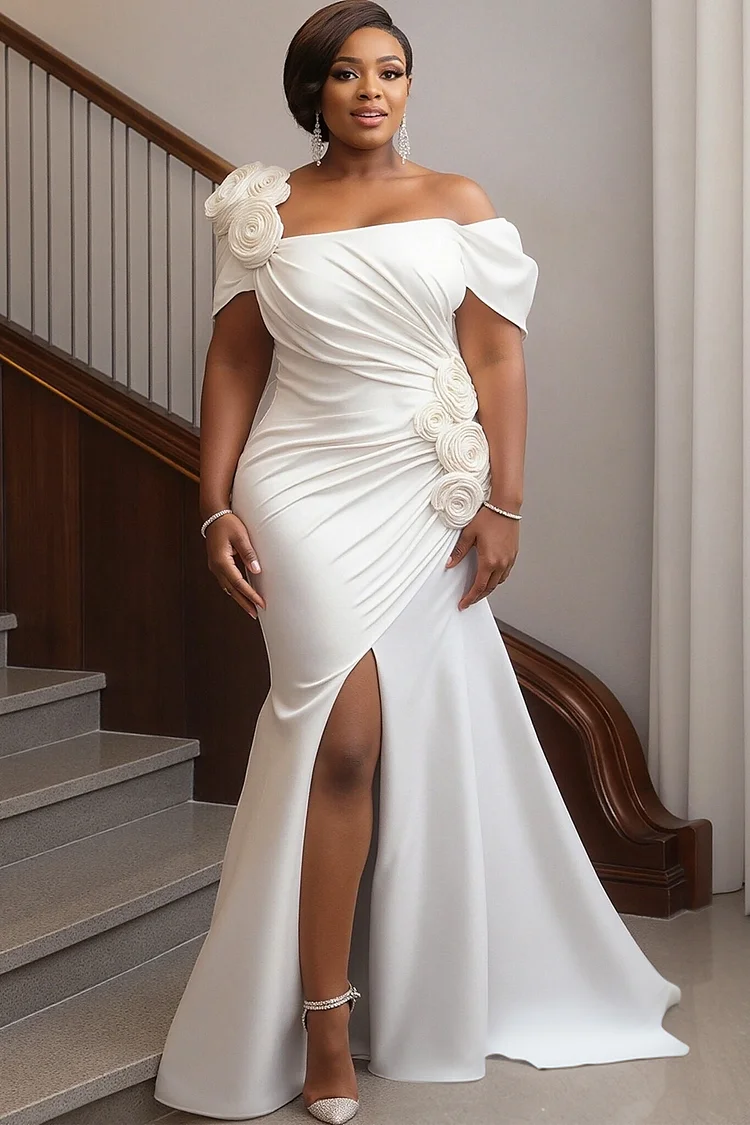Xpluswear Design Plus Size Wedding White One Shoulder Split Elegant 3D Maxi Dresses [Pre-Order] 2024 - Xpluswear