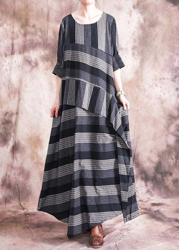 Women patchwork linen clothes Sewing gray striped Dress fall