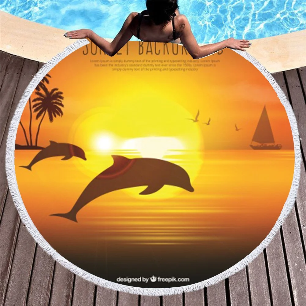 Marine Life Printed Round Beach Towel Compressed Microfiber Bath Towel with Tassels Dolphin Summer Beach Towel For Adults Childs