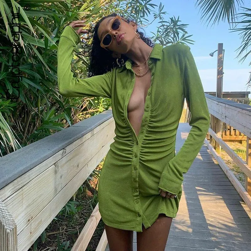 Green Women Shirt Dresses Long Sleeve Bodycon Dress Sexy Mini Dress Vestidos Femme Robe Sundress Casual Streetwear