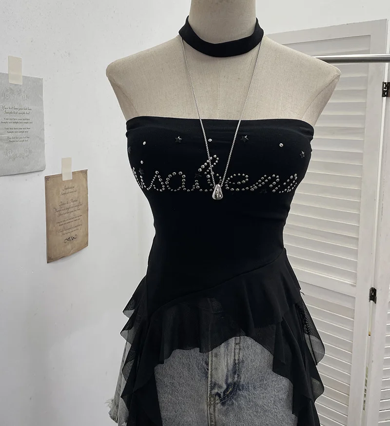 Nigikala Nigikala Shooting Hottie Letter Hot Diamond With Chest Pads To Wear Chest Vest Irregular Mesh Ribbon Hanging Neck Sleeveless Top 2729