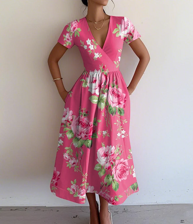 Retro Elegant Rose Print V-Neck Short Sleeve Dress
