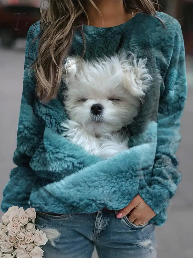 Ingvn - Women’s Sweatshirt Pullover Spring 3D Print Basic Blue Dog Street Round Neck Plus Size